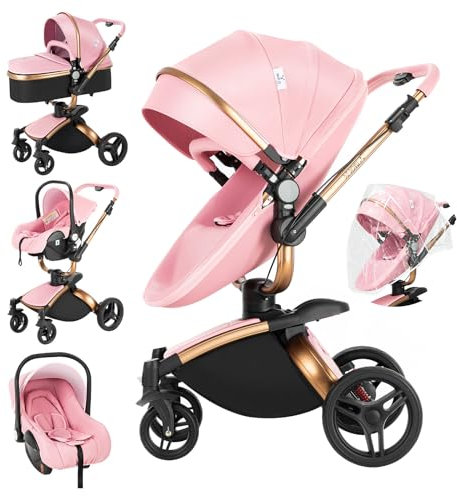 MoLi Pelle PU Passeggino Trio, Passeggino 3 in 1 con Sedile Convertibile 360°, Trio Passeggino Neonati con Grande Navicella, Carrozzina per Neonati in Alluminio Pieghevole Alta Paesaggio (906 Pink)