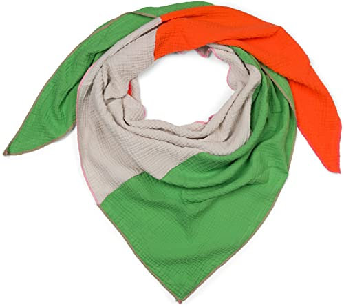 styleBREAKER Damen Musselin Dreieckstuch 3-farbig | Pastell Schal aus Baumwolle für Frühling & Sommer | Leichtes Dreieckstuch aus Musselin Stoff | Made in Italy, Farbe:Grün-Orange-Hellgrau