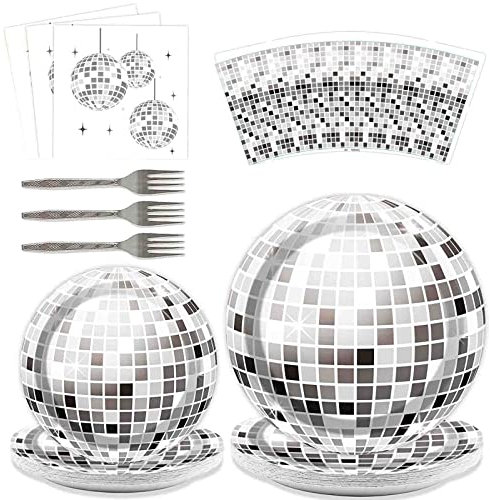 70s Disco Party Supplies Set - 100 Piece Silver Disco Tableware Includes Plates, Forks, Cups and Napkins for Birthdays, Anniversaries, Graduations, Cocktail Parties - Serves 20