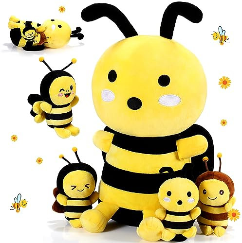 Aoriher 5 Stück Bienen Kuscheltiere 1 Große Plüsch Biene und 4 Süße Plüsch Baby Bienen Weiche Plüsch Bienen für Geburtstag Geschenke Babyparty, Bienentag Bienen Themen Party Dekorationen