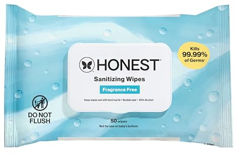 The Honest Company Fragrance-Free Sanitizing Alcohol Wipes, Antibacterial Safe for Hands, Kills 99% of Germs, Made With Aloe, 50 Count (1 Pack)