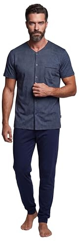 SNELLY Pigiama Uomo Estivo Primaverile 100% Cotone, Pigiami 2 Pezzi Maglia Maniche Corte e Pantalone Corto o Lungo, Pigiama Aperto con Bottoni, Grigio e Blu Navy, Taglia M L XL XXL (Taglie Forti)