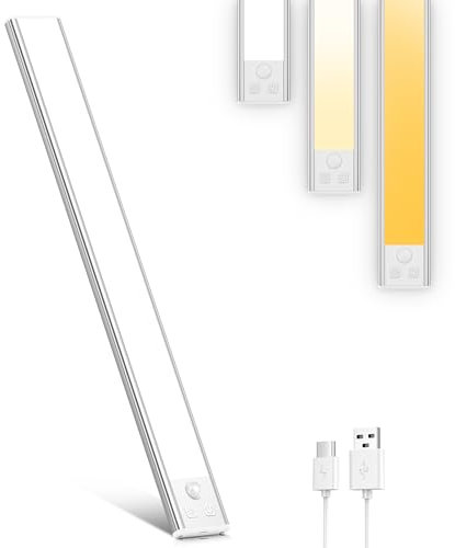 OUILA Luz de Armario con Sensor Movimiento,41CM Recargable Luz Nocturna con temperatura de 3 colores,Regulable Lampara LED Adhesiva para Gabinete, Pasillo, Escalera, Sótano, Cocina, Garaje-1PCS