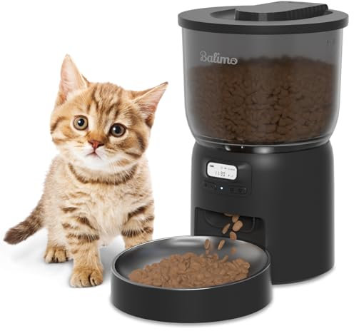 Balimo Distributeur Croquettes Chat Automatique, 3L Distributeur Croquettes Chat, Minuterie Programmable Distributeur De Croquettes pour Chat, 6 Repas par Jour, Convient Aux Chiens et Chats, Noir