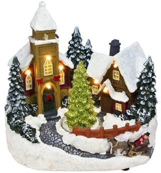 LED Weihnachtsdorf Szene mit Bewegung - 19 cm - Deko Winterstadt warm weiß beleuchtet - Weihnachtsdeko Tischdeko Winterdorf Weihnachtsstadt Batterie betrieben