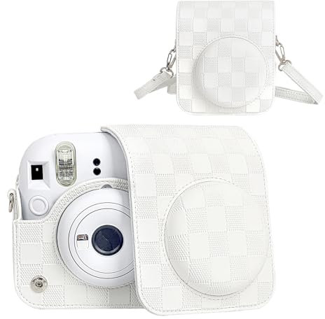 HIYQIN - Funda para Cámara Compatible con Cámara Instantánea Fujifilm Instax Mini 12, Estilo Tablero de Ajedrez, Bolsa de Transporte para Polaroid Instax Mini 12 con Correa - Blanco