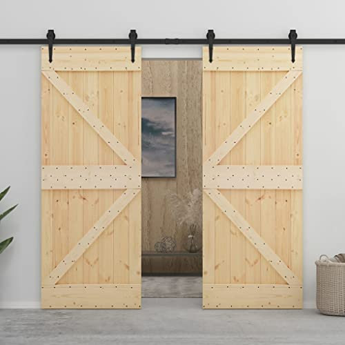 HOVOTHY 90x210 cm Schiebetür mit Beschlag Kiefer Massivholz Innentür Schiebetier Holz Schiebetüren Wandmontage Zimmertüren Scheunentor Schiebetür Sliding Door Schiebetür Holz Schiebetürbeschlag