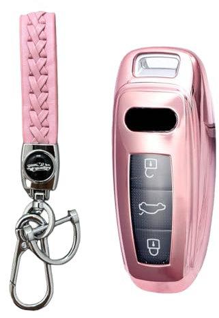 MEDZUK Coque Clé Compatible avec Audi A3 8Y 2020-2024 2025 Coque de Protection pour clé de Voiture TPU, Accessoire Étui pour Clés avec Porte-clés (Rose)