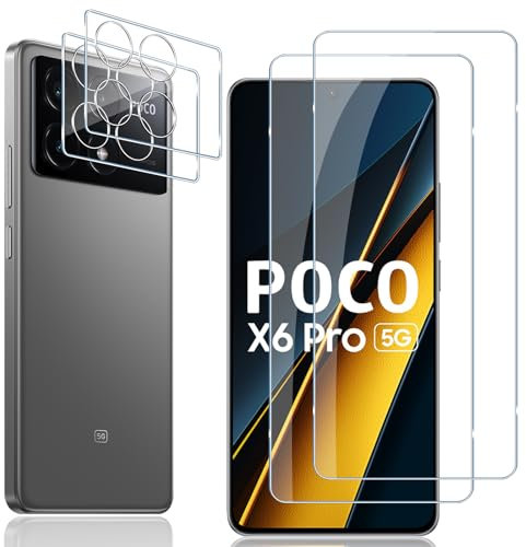 Locofun Protector de Pantalla para Xiaomi Poco X6 Pro 5G, 2 Piezas Cristal Vidrio Templado y 2 Piezas Protector Lente Cámara, [Dureza 9H] HD Anti-Arañazos Película Protectora