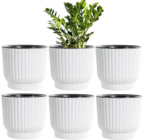 MissFox 6 Pcs Pot de Fleurs Interieur/Exterieur, 15cm Pots de Fleurs/Plantes en Plastique, Auto-Arrosant avec Système d'Irrigation, Convient aux Jardins de Balcon Intérieurs et Extérieurs