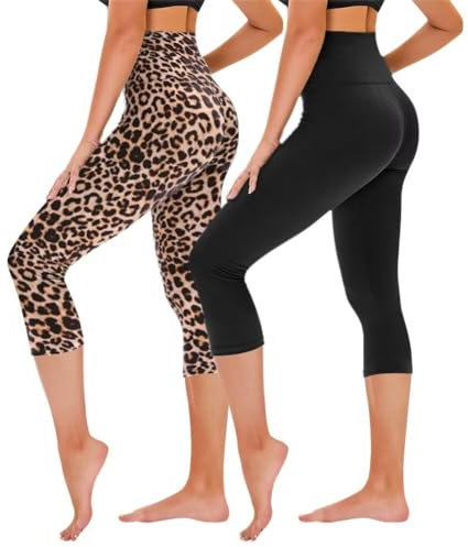 TNNZEET 3/4 Leggings Damen Capri Leggins für Sport, 7/8 Sporthose High Waist Caprihose Große Größen Sportleggings für Gym(Schwarz/Leopard,S-M)