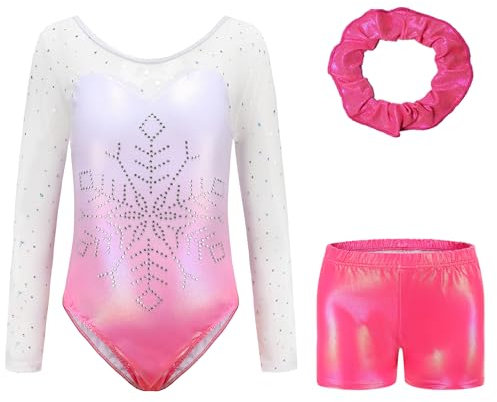 Sinoeem Gymnastikanzug Kinder Mädchen mit Haarband und Tanz Shorts, Langarm/Ärmellos Turnanzug Ballettröckchen Kleid Trikotanzug Tanz Kleid Gymnastik Dancewear (Hell-Pink-Langarm, 9-10 Jahr)