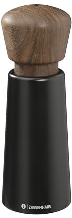 Zassenhaus Salzmühle NORDERNEY, Lackiertes Buchenholz, Mühlenkopf aus Nussbaum, Stufenlos verstellbares Hochleistungs-Keramikmahlwerk, Gewürzmühle für Pfeffer, Salz und Kräuter, 18 cm, Schwarz