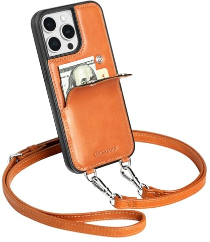LUCKYCOIN Crossbody Wallet Phone Case for iPhone 13 Pro Max, 100% Genuine Leather Phone Purse with Card Holder for Women, Drop Protection, Adjustable & Removable Shoulder Strap, Retro Brown