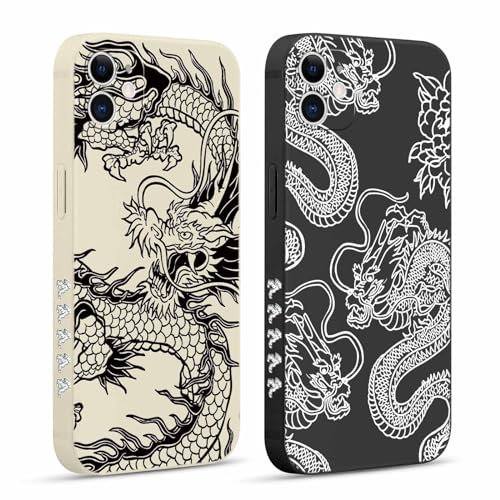 Pnakqil 2 Pièces Coque pour iPhone 11 6,1, Etui avec Motif Dragon Oriental et Peint Dessin Latéral Souple Silicone Case Housse Téléphone Ultra Mince Antichoc Caméra Protection Cover