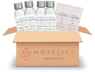 Kit cortesia bagno Aloesir per B&B, Airbnb, case vacanza e Hotel - 150 pezzi: 50 saponette 15gr, 50 shampoo doccia 30ml e 50 shampoo e balsamo 30ml