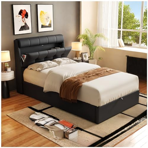 Sapgaks Lit rembourré avec Rangement caché pour la Table de Chevet,Lit Coffre 90 x 200 avec Espace de Stockage hydraulique,lit 1 Personne avec sommier à Lattes,PU,Noir