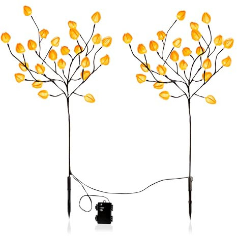 Spetebo LED Garten Stecker Herbstlaub warm weiß - 2er Set - Outdoor Deko Beleuchtung Baterie betrieben mit Timer