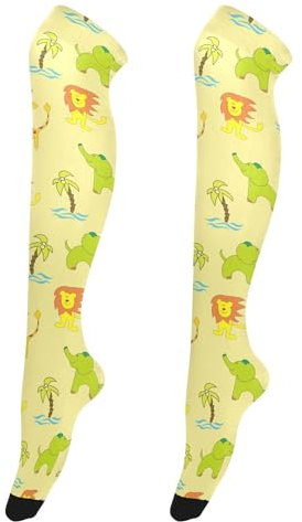 Caihoyu Kniehohe Damenstrümpfe, flexible Beinstulpen für Büro, Damen, hohe Oberschenkelsocken für formelle Veranstaltungen, Cartoon Elefant Giraffe Gelb, Einheitsgröße