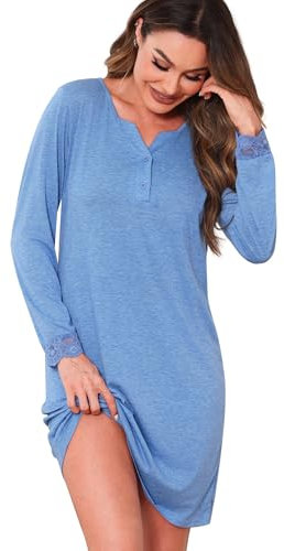 Jahetuul Nightdresses for Women Long Sleeve Soft Cotton Nighties V Neck Nightshirts for Ladies Button Down Nightgown Comfortable Loungewear S-XXL Blue