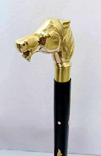 Wooden Walking Stick Vintage Solid Brass Horse Head Handle Walking Cane (3 Fold Wooden Walking Cane)