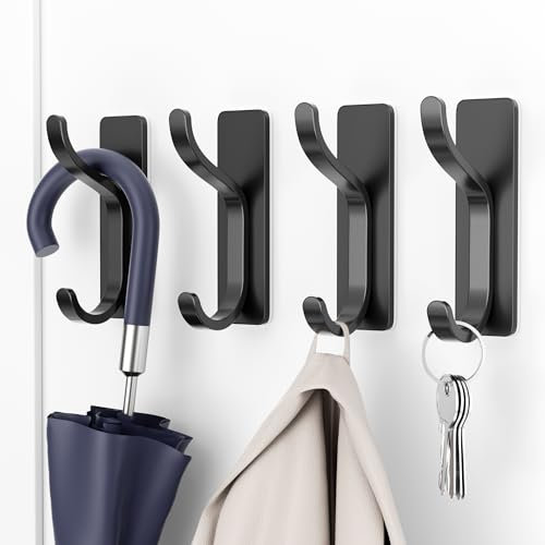 pickpiff Self Adhesive Hooks for Hanging: Heavy Duty Stick On (Hold 6KG), Sticky Hook for Wall, Door, Kitchen, Bathroom - Ideal for Coat, Towel, Clothes, Keys, Purse - Stainless Metal, Black, 4 Pack