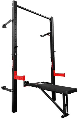 K-Sport: *BLACK LINE* Wall Rack mit KLAPPBARER Hantelbank| faltbare Wall Rack bis 350 kg belastbar | Premium Langhantelablage mit klappbarer Hantelbank bis 275kg belastbar I Komplettes Set für Homegym