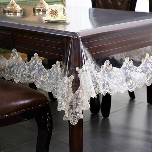 Klare Kunststoff-Tischdecke wasserdicht Rechteck Vinyl Tischdecke mit gestickter Spitze Tischabdeckung für Essen Küche Buffet Bankett Parteien (60x86 Zoll, Champagner-Blume)