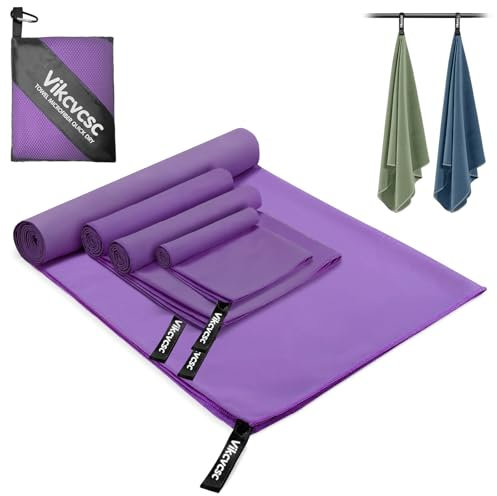 Vikcvcsc Toalla Microfibra, Juego de 4 Toalla Gimnasio Ultraligera y de Secado Rápido, Toalla Microfibra Playa Toallas Piscina para Viaje Camping, Toallas Gym Mujer para Fitness Yoga (Morado)