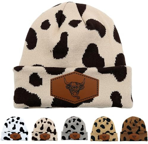Beanie Highland Cow, Mütze Schottische Hochlandkuh, Strickmütze Kuhmuster Hip-Hop-Mode Wollmütze Herbst und Winter warme und vielseitige Mütze (DE/NL/SE/PL, Alphanumerisch, Einheitsgröße, beige)