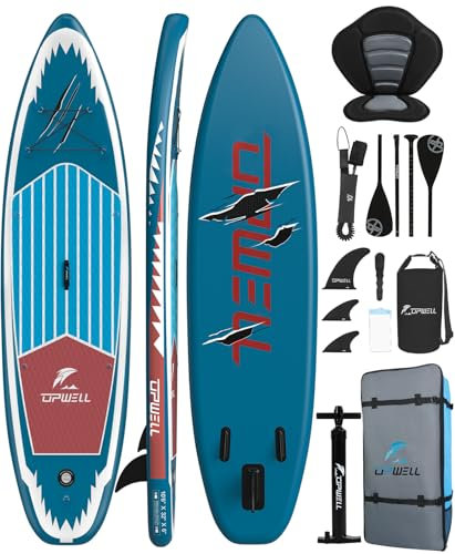 UPWELL 320x81x15cm Aufblasbares Stand Up Paddling Board mit Sitz, SUP Board Standup Paddle Board Paddleboard, Blue Shark