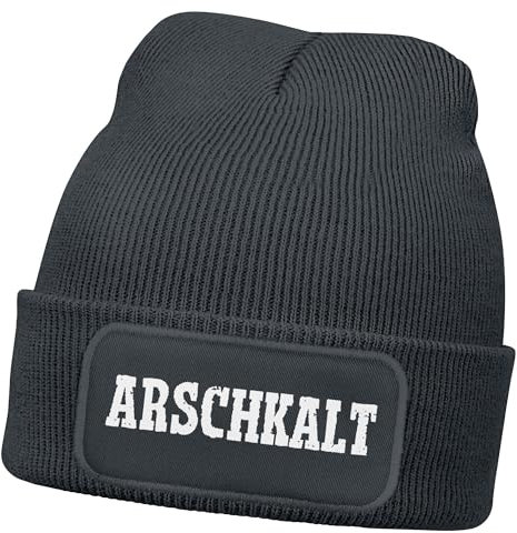 MoonWorks® Herren Beanie mit Patch Arschkalt Statement Strickmütze mit Spruch Aufdruck Lustig Mütze Männer Dunkelgrau Unisize