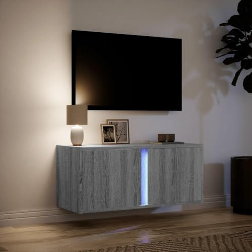 Canditree 80 cm Floating TV Cabinet with LED Lights, Floating TV Stand with 2 Doors, Floating TV Shelf Wall Mounted Entertainment Center (Grey Sonoma)
