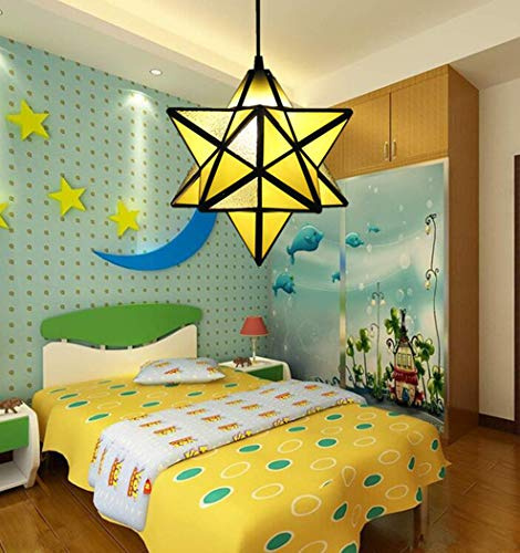 BOTOWI 12-Zoll-Moravian Star Tiffany Style Buntglas Decke Pendelleuchte, Pendelleuchte, Buntglas Hängeleuchte, Vintage Tiffany Kronleuchter für Foyer Küche Flur Finish,Gelb