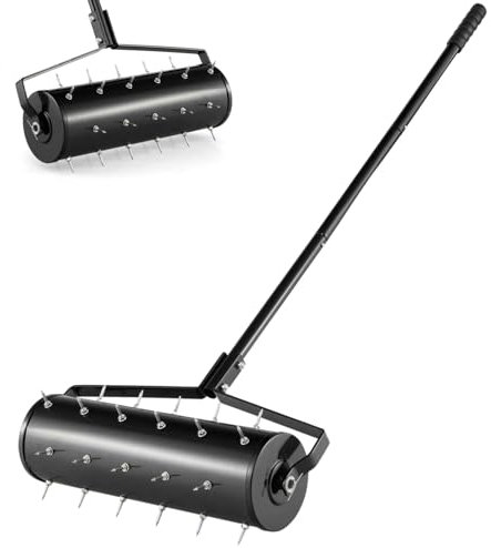 TANGZON 53 x 14 x 130cm Lawn Aerator, Heavy-Duty Rolling Spreader Lawn Care Tool with 130cm Metal Handle, Fillable Drum, Manual Aerator Gardening Roller (Black)