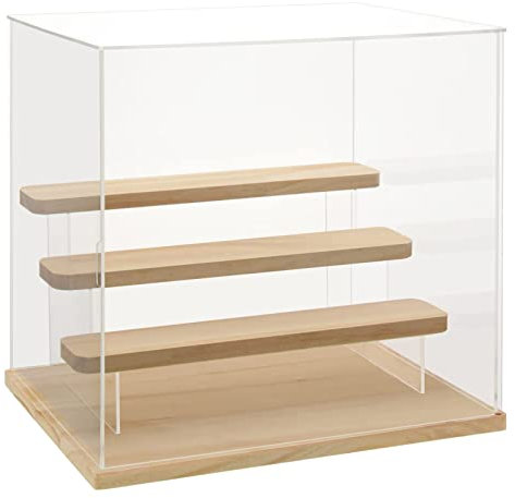 Nynelly 4 Tier Clear Acrylic Display Case for Models, Mini Figures, Pop Mart, Labubu, Sonny Angel, Smiski - Assemble Dustproof Display Box with Door, Display Stand (Wood Base Step)