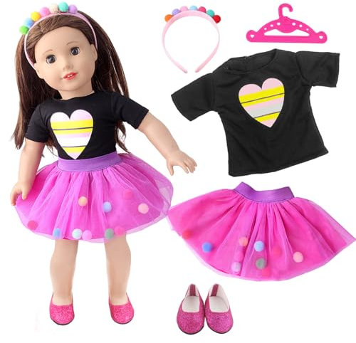 Puppenkleidung für 14-18 Zoll Puppen, Baby Puppenkleidung 35-45 cm, Süße und Niedlich Puppenkleider, Herz-Top, Rosa Rock, Stirnband, Paillettenschuhe, Süße Puppenkleidungs für den Mädchengeburtstag