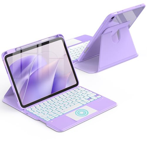 CACOE 360°Rotate Case Keyboard for iPad A16 11/10 Generation with Touchpad | 360° Rotating Case with Keyboard for iPad 11/10.9 2025/2022, 7 Color Backlit And Detachable Wireless Keyboard, Light Purple