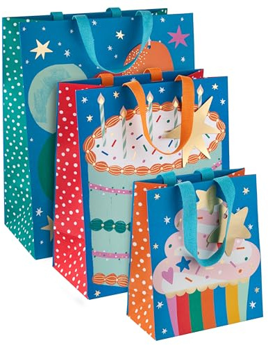Hallmark Gift Bag Bundle, 3 Designs & Sizes, Birthday, 3-Pack | Size Large 33 x 26.5 x 14.6cm, Medium 24.4 x 19.7 x 11cm, Small 16.6 x 13.9 x 7.5cm, Knitted Paper Handles, Gift Tags,