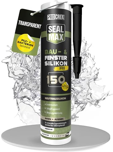 PROCREA® Premium Bausilikon 150 (transparent) [Allwetter-Silikon] Neutrales Fenster- und Universal-Silikon mit fungizider Ausstattung - Farbe farblos klar auch für Sanitär geeignet - Profi-Qualität