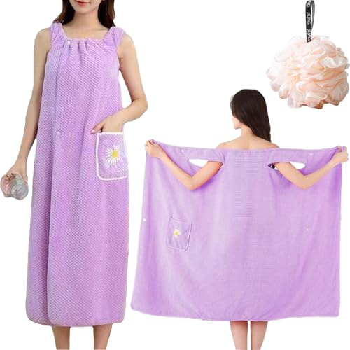 ZenyTra Peignoir pour femme avec poches - Violet - En tissu éponge absorbant - Pour sauna, plage et piscine - Serviette de sauna douce avec grandes poches - Avec 1 boule de douche