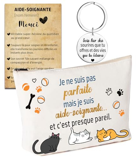 Cadeau Aide-Soignante – Pochette Maquillage + Porte-Clés Gravé « Sois fier des sourires que tu offres… » + Carte de Remerciement – Cadeau Original et Émotionnel pour Aide-Soignante Femme