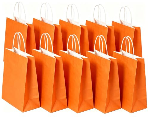 SHUBEIEUMI 10 Sacs Cadeaux en Kraft Avec Poignées,Orange | 21x15x8 cm Petite Taille Sacs en Papier pour Anniversaires, Mariages