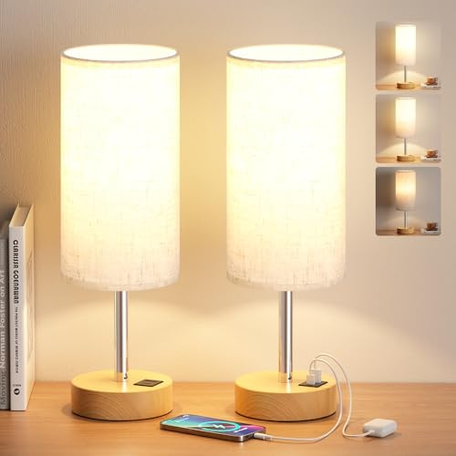 Aooshine Bedside Lamps Set of 2, Touch Table Lamps for Bedroom Living Room | 3-Way Dimmable Lamps, Fabric Shade for Kids Room, Study, Dorm, Office, Bulbs Included