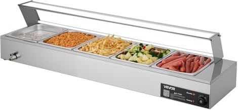 VEVOR Calentador de Alimentos Eléctrica, con Tapa de Vidrio y 5 Recipientes, 1,5 kW, de Acero Inoxidable, con Baño María, para Restaurantes, Fiestas y Bufés, 30-85 ℃, 1450 x 365 x 335 mm, Plata