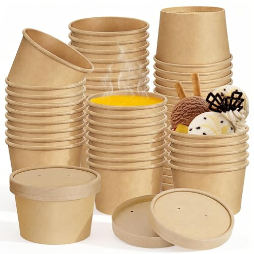XJGQZ 100 Pack 8 oz Paper Soup Bowls Containers with Vented Lids, Kraft | Waterproof and Greaseproof; Secure-Fit Lid; Durable Food-Grade Kraft Paper; Stackable Design; Ideal for Takeout