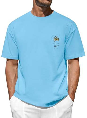 TOMEEK Tee Shirt Homme Graphique Basique T-Shirt Manches Courtes en Coton Col Rond Imprimé Palmiers Haut d'Été Tshirt Sport Vacances de Loisirs Style Californien
