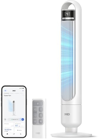 DREO ventilatore a torre smart per camera da letto, ventilatore a piantana silenzioso 28 dB, portata dell’aria fino a 8,8 m, 4 velocità e 3 modalità, timer 8 h, controllo tramite app, oscillazione 90°