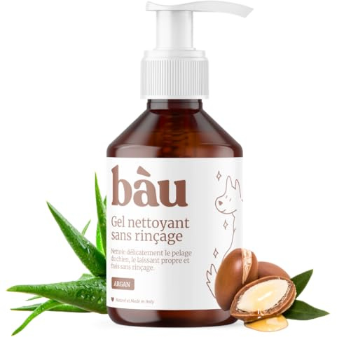 BAU Trockenshampoo für Hunde Ohne Ausspülen – Reinigendes Gel mit Feuchtigkeitspflege und Geruchsneutralisierung – Natürlich und Bio mit Aloe Vera und Lavendel – Ohne Parabene und Silikone - Argan