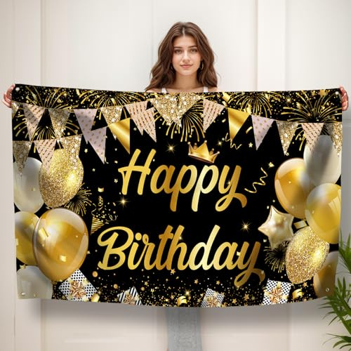 Koliphy Geburtstag Banner, Happy Birthday Banner Deko, Handgehalten Stoff Geburtstagsdeko Party Dekoration für Drinnen und Draußen(Schwarz Gold)